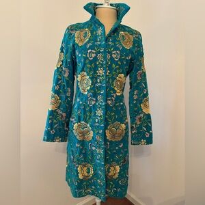 Johnny Was Biya Velvet Floral Embroidered Teal Coat